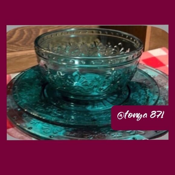 🦋 New Pioneer Woman Cassie Teal Glass Dinnerware, Set of 12 Pieces - Picture 3 of 9